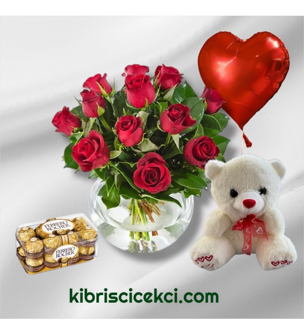 Akvaryumda 13 Kırmızı Gül Ayıcık 16'lı Ferrero Çikolata Kalp Helyum Balon